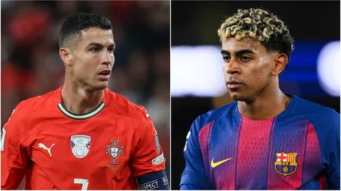 Cristiano Ronaldo (L) of Portugal and Lamine Yamal (R) of FC Barcelona.