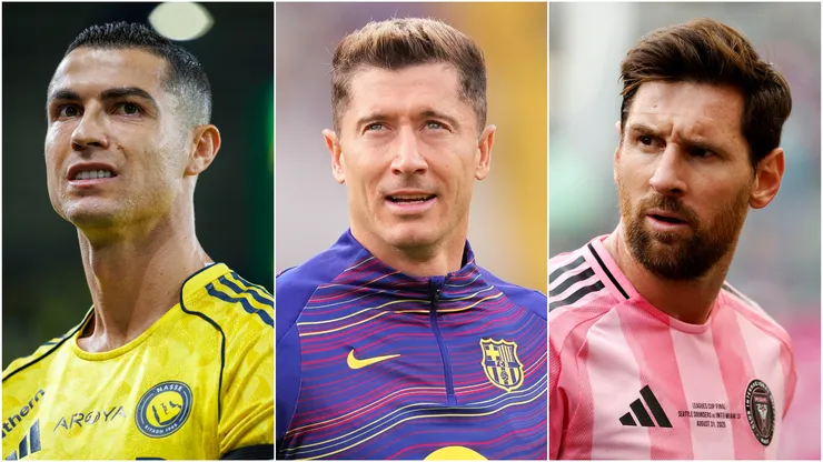 Cristiano Ronaldo (left), Robert Lewandowski (center), and Lionel Messi (right)
