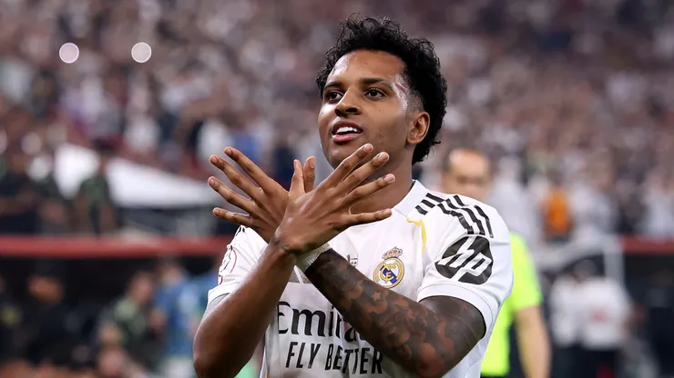 Rodrygo of Real Madrid celebrates scoring against Atletico Madrid.
