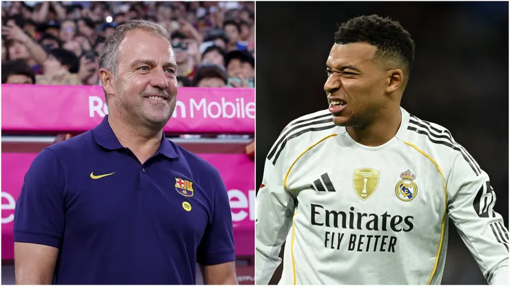 Barcelona coach Hansi Flick and Real Madrid forward Kylian Mbappe.
