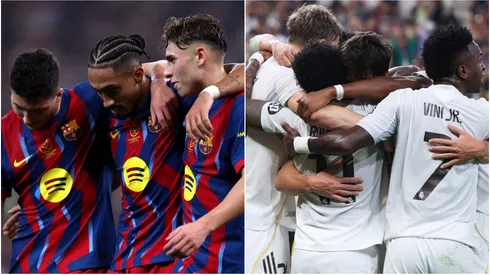FC Barcelona players and Real Madrid players celebrating goals.