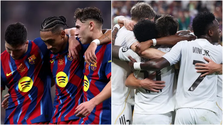 FC Barcelona players and Real Madrid players celebrating goals.
