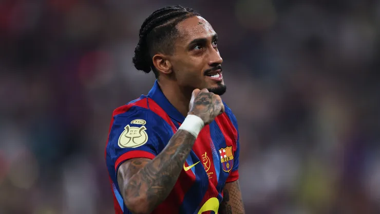 Raphinha of FC Barcelona celebrating.