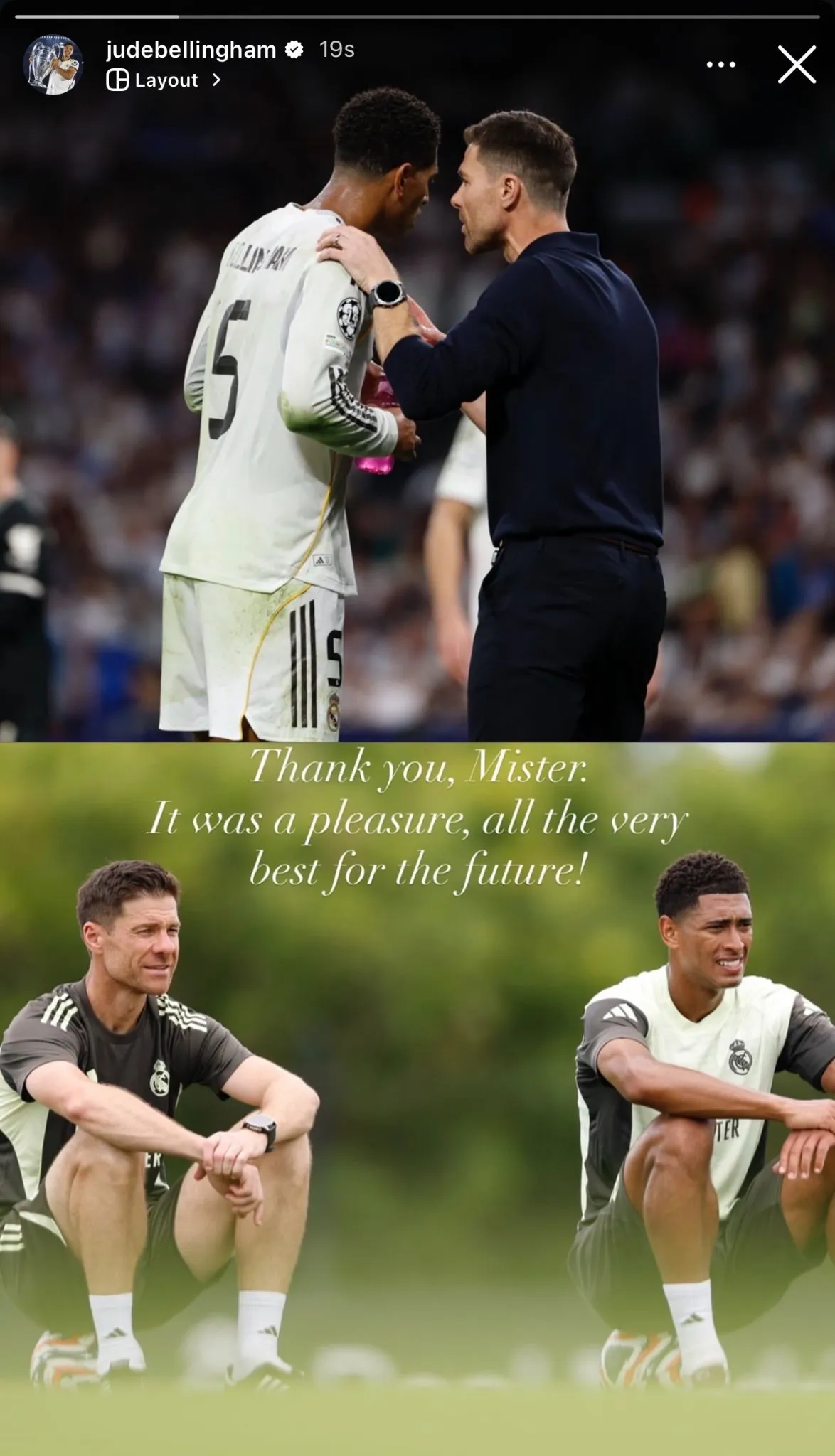 Jude Bellingham bids farewell to Xabi Alonso on his social media.