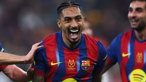 Raphinha of FC Barcelona celebrates scoring