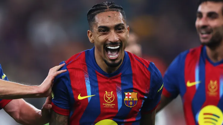 Raphinha of FC Barcelona celebrates scoring 
