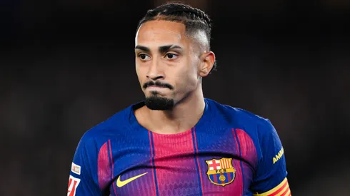 Raphinha of FC Barcelona looks on during the LaLiga EA Sports match.