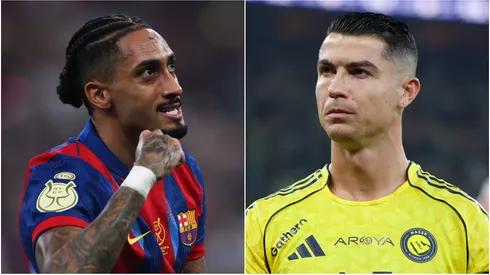 Raphinha (L) of FC Barcelona and Cristiano Ronaldo (R) of Al Nassr.