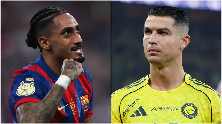Raphinha (L) of FC Barcelona and Cristiano Ronaldo (R) of Al Nassr.
