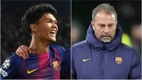 Barcelona midfielder Dro Fernandez and coach Hansi Flick.