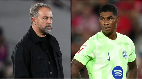 Barcelona coach Hansi Flick and forward Marcus Rashford.