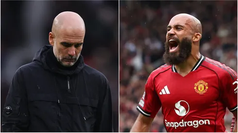 Manchester City coach Pep Guardiola and Manchester United forward Bryan Mbeumo.