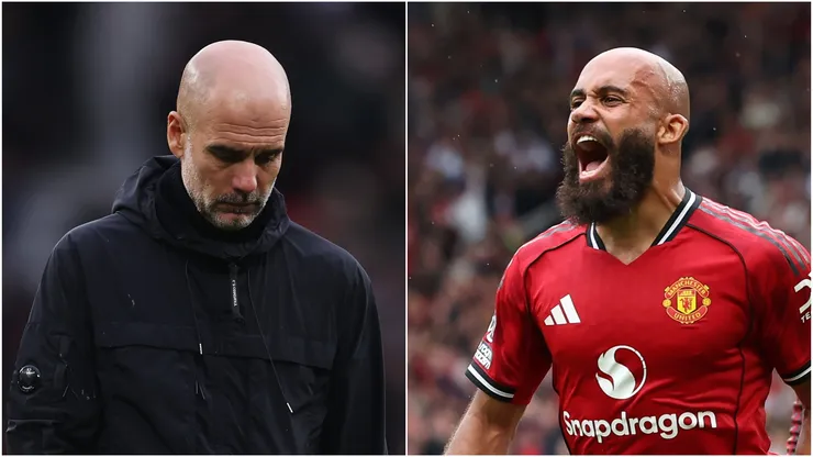 Manchester City coach Pep Guardiola and Manchester United forward Bryan Mbeumo.

