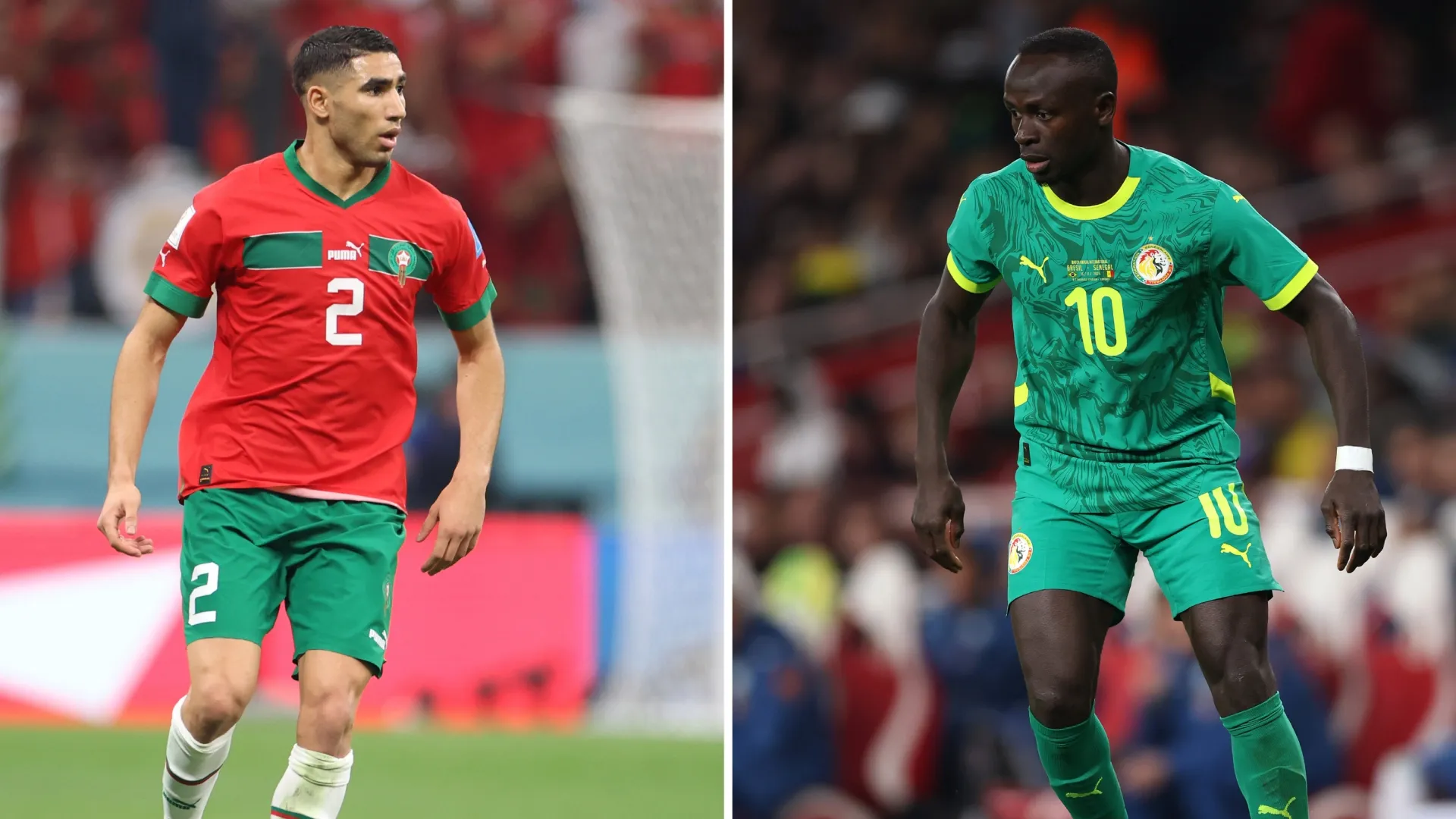 Achraf Hakimi of Morocco (L) and Sadio Mane (R) of Senegal.