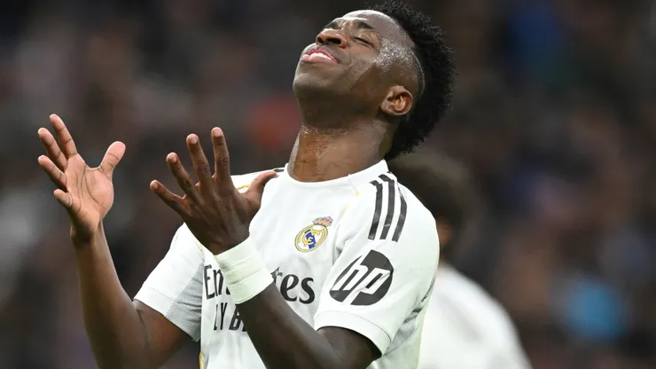 Vinicius Junior of Real Madrid reacts during the LaLiga EA Sports match.
