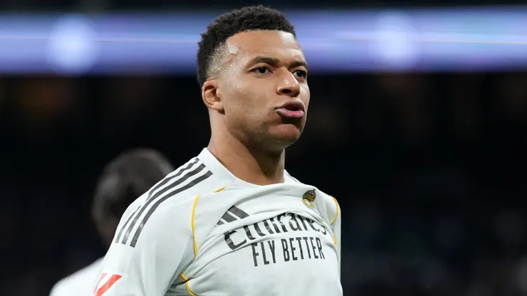 Kylian Mbappe of Real Madrid celebrates scoring a goal.
