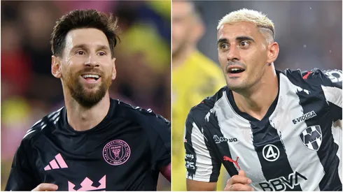 Lionel Messi (L) #10 of Inter Miami and Germán Berterame (R) of Monterrey.