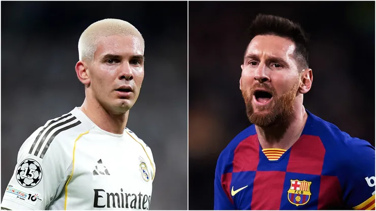 Franco Mastantuono (L) of Real Madrid and Lionel Messi (R) of FC Barcelona.
