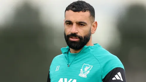 Mohamed Salah of Liverpool looks on during a Liverpool FC Training Session.
