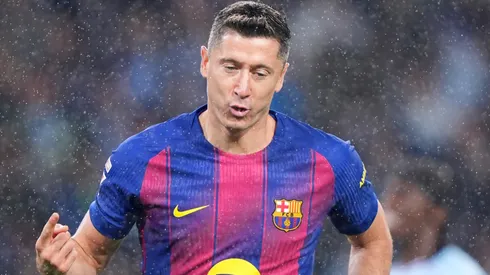 Robert Lewandowski of FC Barcelona celebrates scoring a goal.