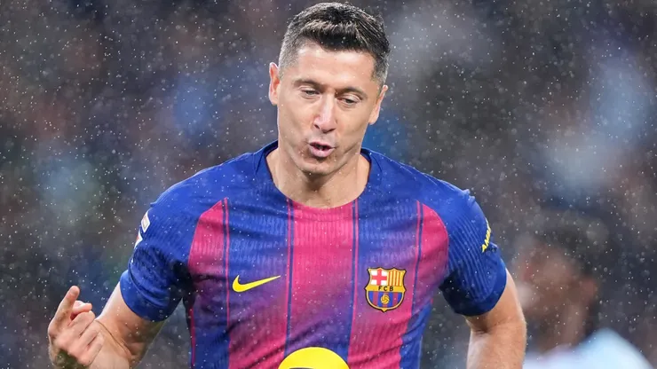 Robert Lewandowski of FC Barcelona celebrates scoring a goal.
