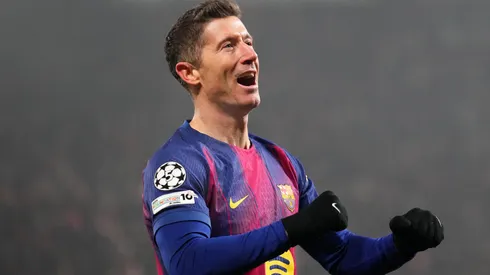 Robert Lewandowski of FC Barcelona celebrates scoring a goal.