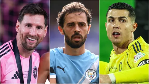 Lionel Messi (left0, Cristiano Ronaldo (center), and Bernardo Silva, (right)