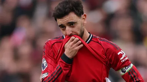 Bruno Fernandes of Manchester United reacts after scoring a goal.