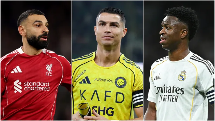 Mohamed Salah (L) of Liverpool, Cristiano Ronaldo (M) of Al Nassr, and Vinicius Junior (R) of Real Madrid.

