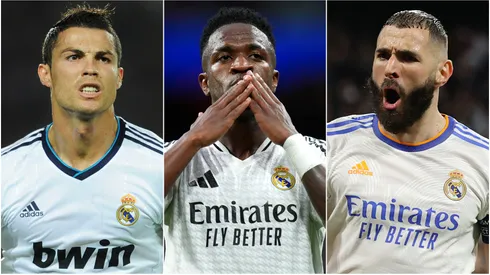 Cristiano Ronaldo (left), Vinicius Junior (center), and Karim Benzema (right)