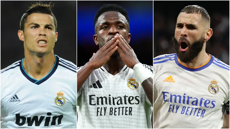 Cristiano Ronaldo (left), Vinicius Junior (center), and Karim Benzema (right)
