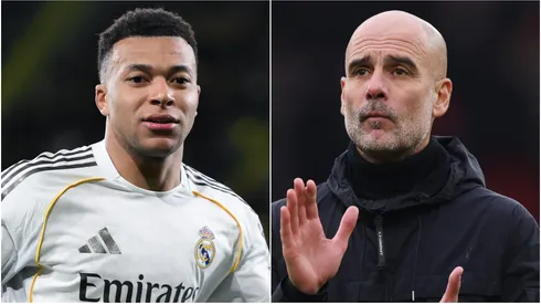 Kylian Mbappe of Real Madrid and Pep Guardiola, Manager of Manchester City.