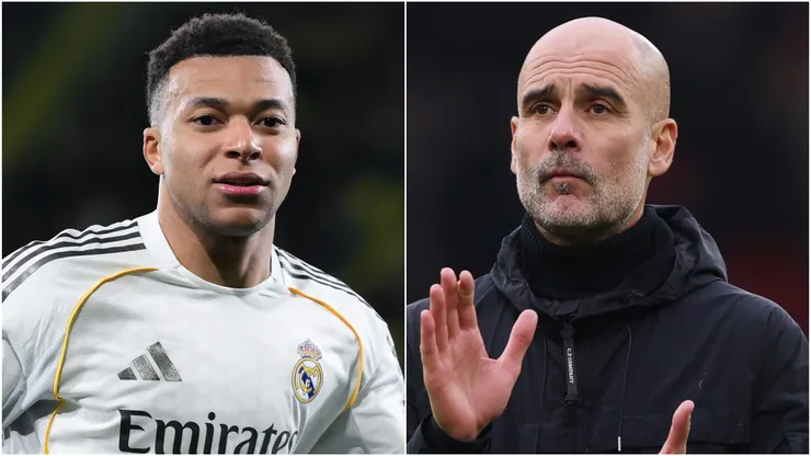 Kylian Mbappe of Real Madrid and Pep Guardiola, Manager of Manchester City.
