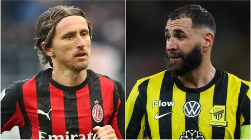 Luka Modric (L) of AC Milan and Karim Benzema (R) of Al Ittihad.