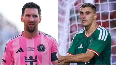 Lionel Messi (L) #10 of Inter Miami CF and German Berterame (R) of Mexico.