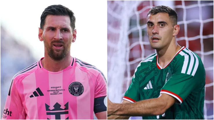 Lionel Messi (L) #10 of Inter Miami CF and German Berterame (R) of Mexico.