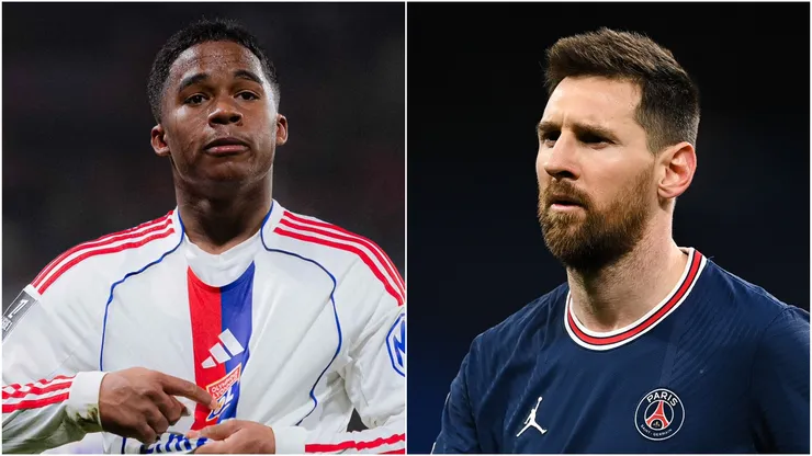 Endrick (L) of Olympique Lyon and Lionel Messi (R) of Paris Saint-Germain.
