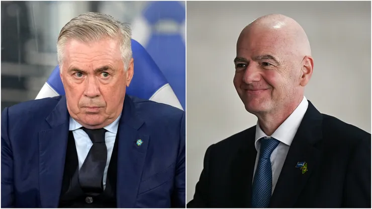 Head coach Carlo Ancelotti of Brazil and FIFA President Gianni Infantino.
