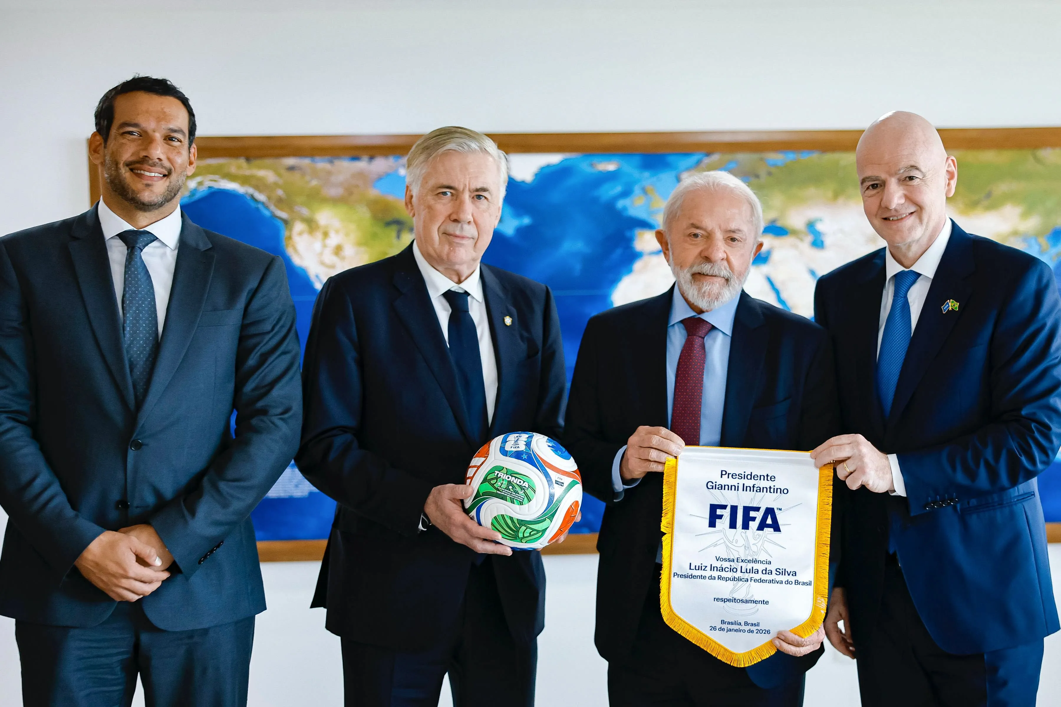 CBF President Samir Xaud, Brazil head coach Carlo Ancelotti, Brazil president Lula Da Silva, and FIFA president Gianni Infantino.