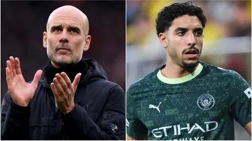 Manchester City's Pep Guardiola and Omar Marmoush.