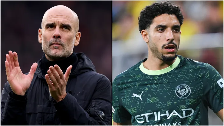 Manchester City's Pep Guardiola and Omar Marmoush.
