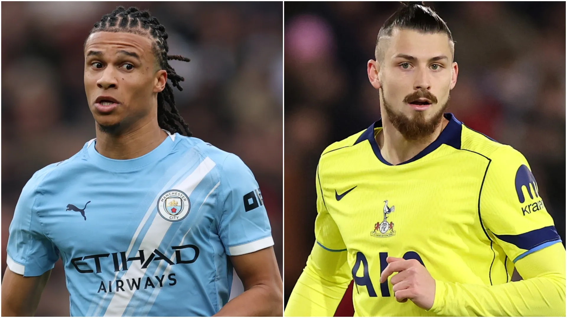 Manchester City's Nathan Ake and Tottenham Hotspur's Radu Dragusin