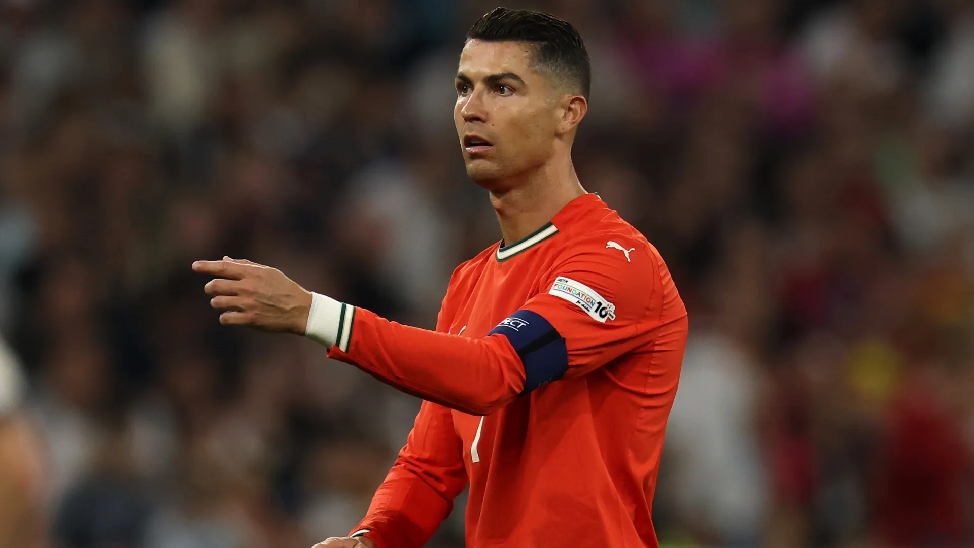 Cristiano Ronaldo playing for Portugal.