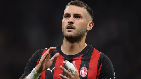 Santiago Gimenez of AC Milan celebrates after scoring a goal.