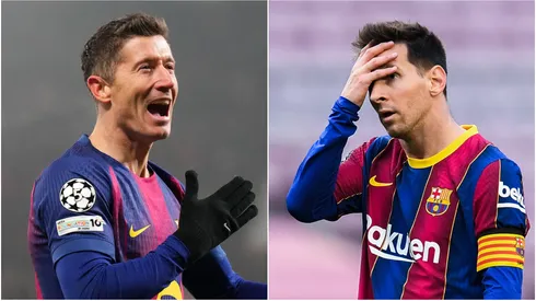 Robert Lewandowski and Lionel Messi playing for Barcelona.