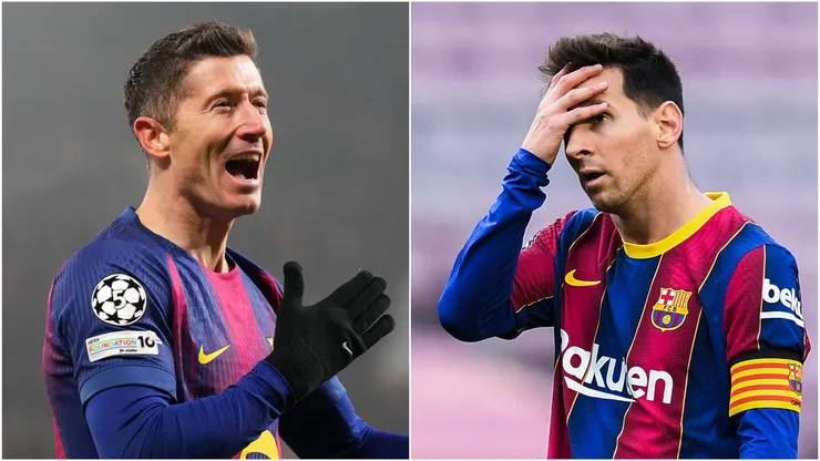Robert Lewandowski and Lionel Messi playing for Barcelona.