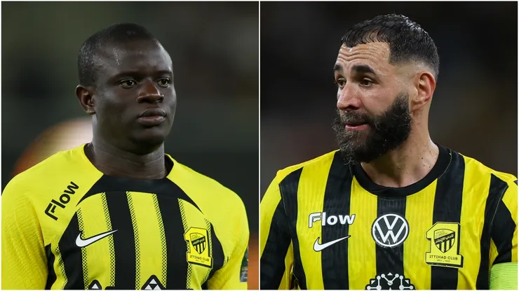 Ngolo Kante (L) and Karim Benzema (R) of Al Ittihad.