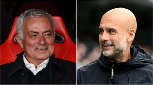 Jose Mourinho (L), Head Coach of Benfica, and Pep Guardiola (R), Manager of Manchester City.