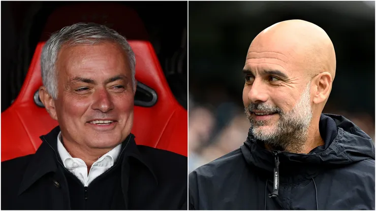 Jose Mourinho (L), Head Coach of Benfica, and Pep Guardiola (R), Manager of Manchester City.