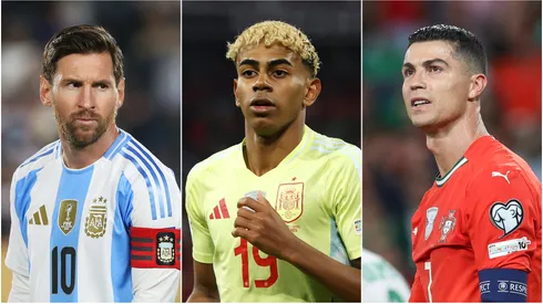 Lionel Messi (L) of Argentina, Lamine Yamal (M) of Spain, and Cristiano Ronaldo (R) of Portugal.